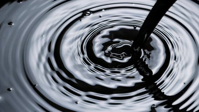Stream of crude oil or dark fuel pours smoothly onto the surface in slow motion, creating concentric waves and ripples.