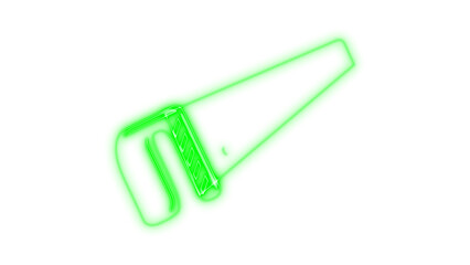 Fototapeta premium Vibrant green neon glowing saw icon, illuminated modern cutting tool symbol for construction and carpentry work, isolated on transparent background, graphic illustration element.