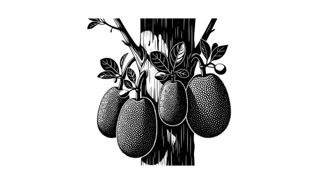 Jackfruit Tree Silhouette with Hanging Fruits Black and White Nature Vector Illustration