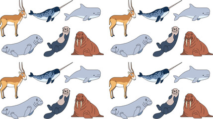 Arctic Marine Animal Seamless Pattern Narwhal Walrus Seal Wildlife Vector © Nurjjaman