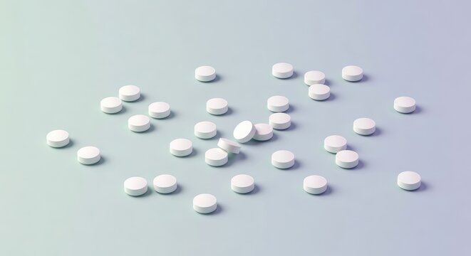 White round tablets scattered on a light blue surface, pharmaceutical concept, health care