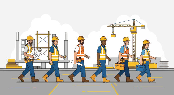 Diverse construction workers walking together on a site.