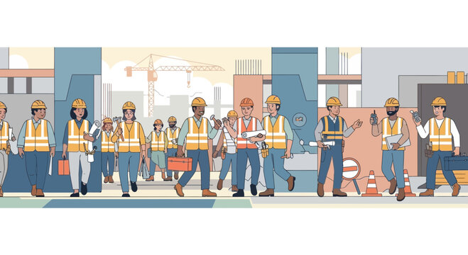 Diverse group of construction workers in safety vests and hard hats.