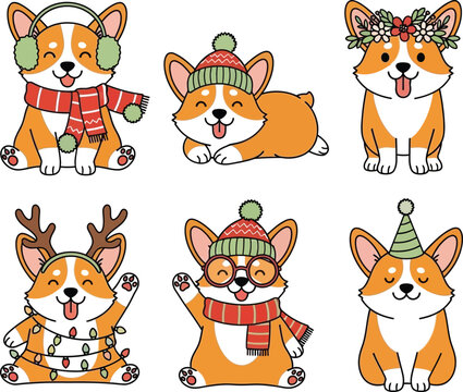 Cute Corgi Dogs Christmas Collection with Festive Accessories Vector Illustration Set