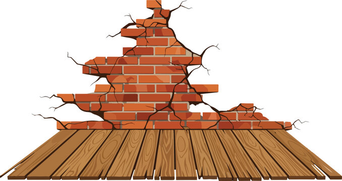 Damaged brick wall with cracked plaster revealing underlying bricks and wooden planks below