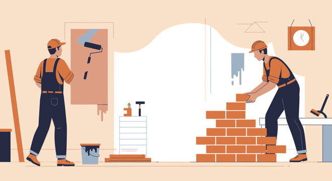 Two construction workers building a brick wall.