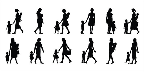 Fototapeta premium Diverse Silhouettes of Mothers Carrying and Walking with Children baby family