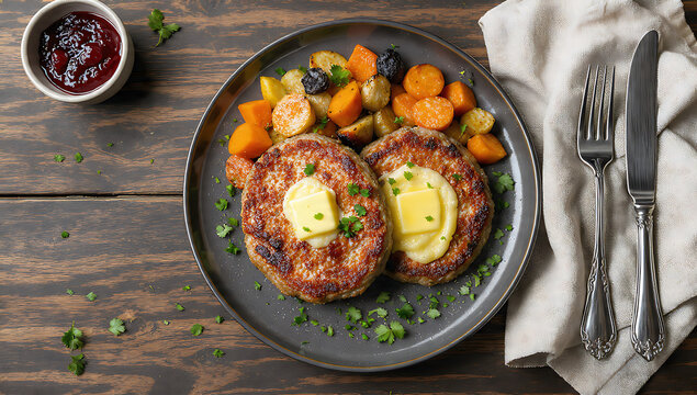 Top-Down Flat Lay Austrian Faschierte Laibchen - Meat Patties with Potato Puree and Lingonberry Jam - Rustic Farmhouse Table Setting - Deep Focus Food Photography