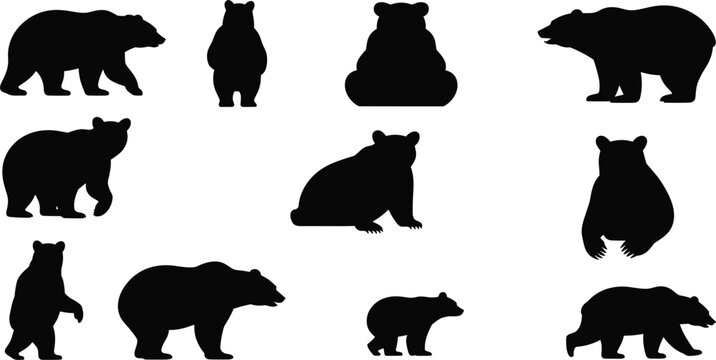Nine black silhouette illustrations of bears in different poses animal wildlife