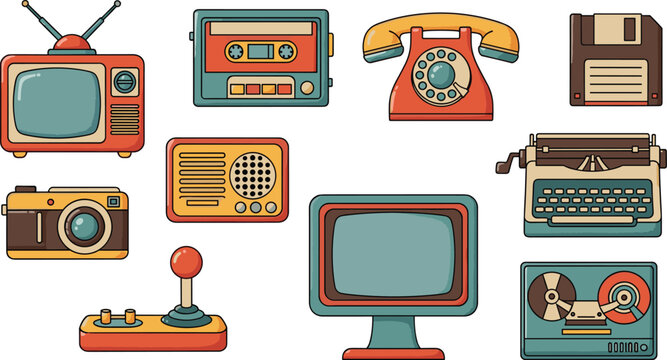 Vintage Technology Icon Set Retro TV Radio Camera Telephone Typewriter Vector