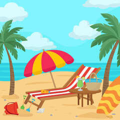 Obraz premium Tropical beach landscape with sunbed, umbrella and summer cocktail Summer vacation background