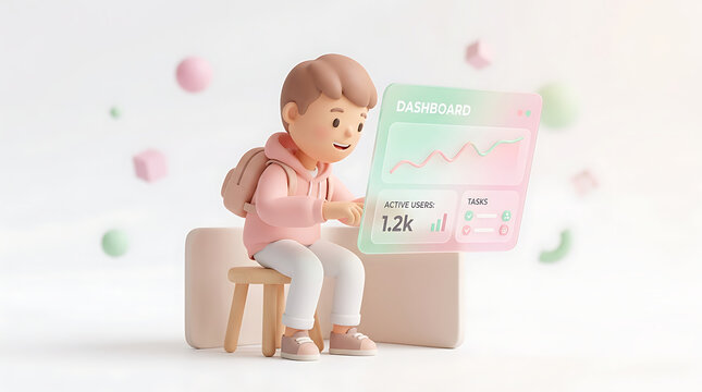 Cute cartoon boy sitting and reviewing a dashboard with graphs