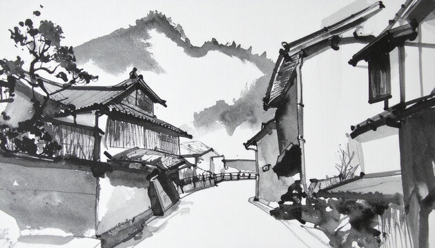 水墨画で描かれた静寂な竹林の風景 日本の伝統芸能・和風背景