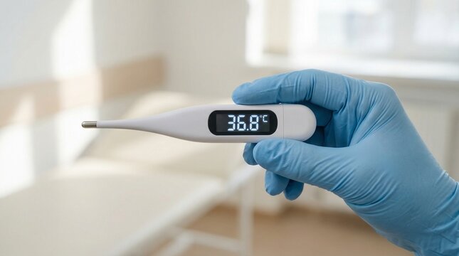 Hand in blue glove holding a digital thermometer showing normal body temperature.