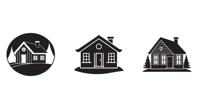 Black and white house silhouettes with trees and chimneys on white background
