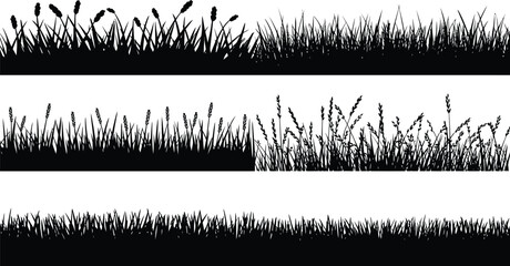 Meadow silhouette horizontal banners, black and white minimalist grass illustrations arranged in horizontal layouts for landscape design and nature backgrounds. © Clinton Black