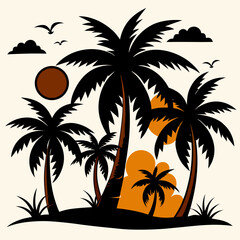 Fototapeta premium Tropical Palm Trees Silhouette at Sunset, Beach Nature Illustration