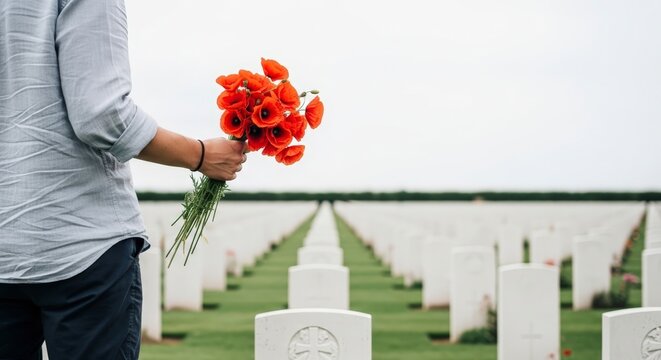 Person holding flowers at military cemetery.
