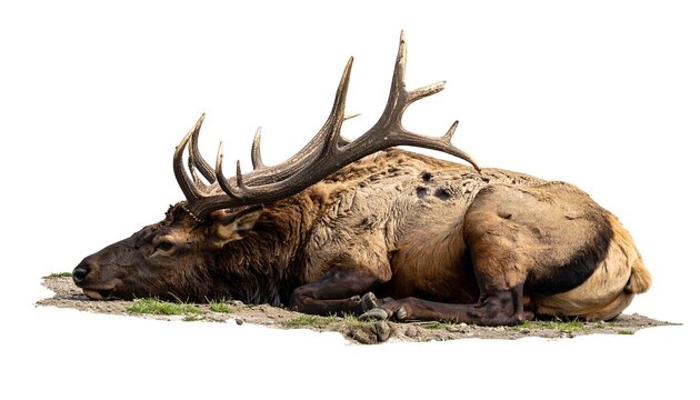 A large, majestic mammal with impressive antlers reclines on a dirt patch, displaying natural color variations