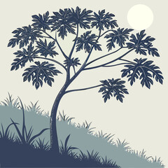 Naklejka premium Minimal Tree Silhouette Landscape Illustration with Nature Background