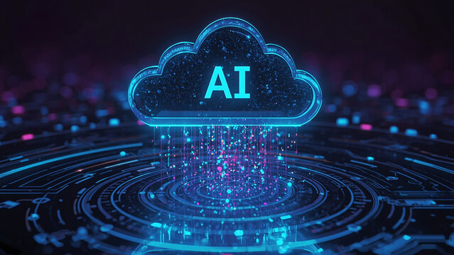 Cloud and edge computing technology data transfer concept. A large cloud icon is in the center, Ai Brain Cloud Big data, network, Science and futuristic ai cloud background concept.