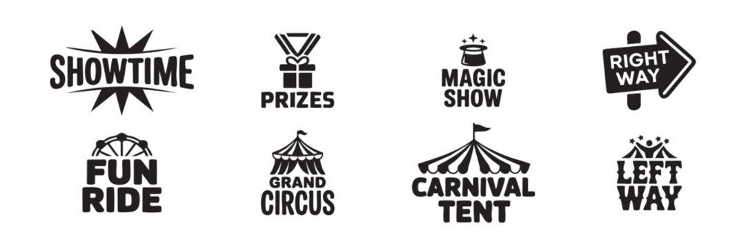 Carnival and Circus Icon Collection with Carnival Retro Banner Signs, Vintage Magic Frames, Arrows Elements, and Welcome the Show Greetings