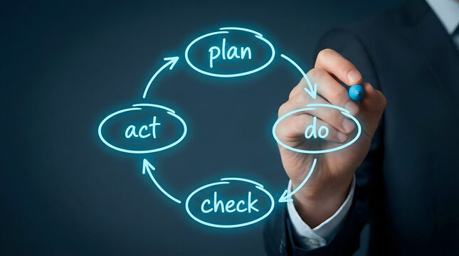 Businessmans hand drawing glowing digital plan do check act cycle on dark screen