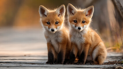 Obraz premium Two adorable red fox kits sitting on a wooden path in a natural outdoor setting with blurred background