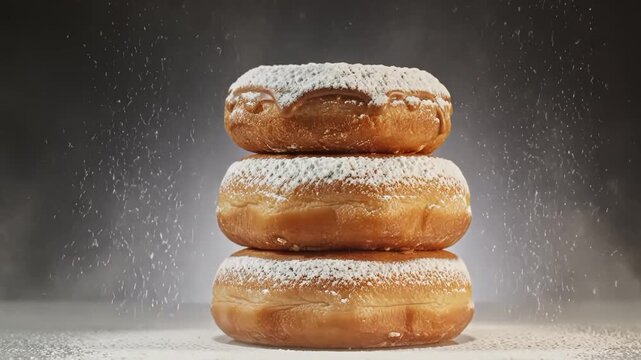 Stack of three powdered sugar donuts with sugar falling