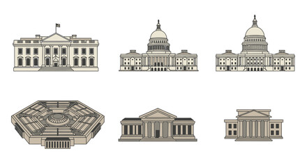 Set of detailed architectural illustrations of famous government and historical buildings. © Story