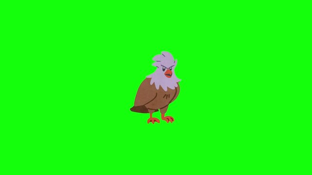 Animated 2D cartoon eagle walking or hopping forward on the ground, wings tucked, isolated on green screen background.
