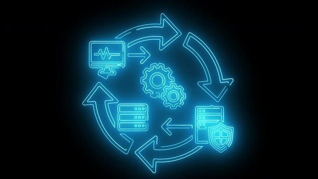 Neon-lit blue flowchart diagram with arrows, gears, and icons on a black background with a futuristic and technological mood.