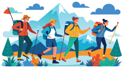 Fototapeta premium Group of friends hiking in mountains with backpacks and walking sticks during a sunny day