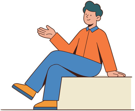 A man sits on a box gesturing with his left hand outdoors
