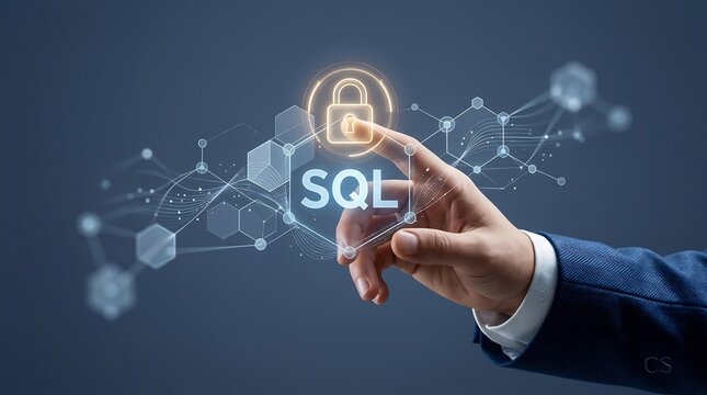 Man touching virtual SQL lock icon. Cyber security concept for database protection. Data privacy and networking technology visualization for professional digital infrastructure management.
