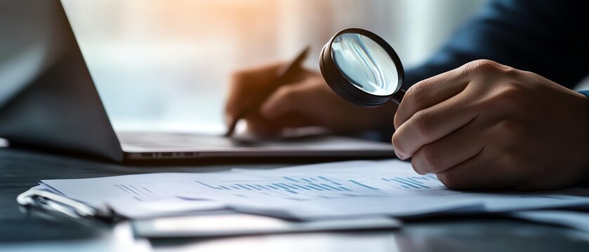 Analyzing data with a magnifying glass.