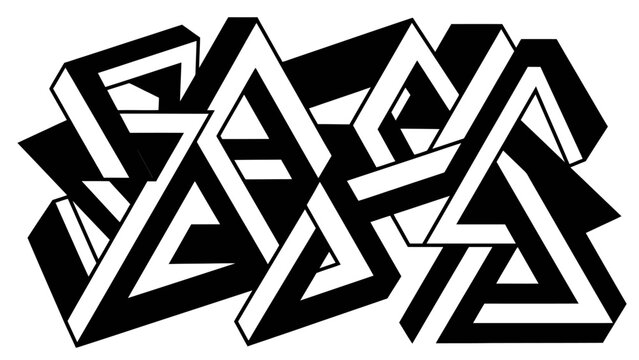 Abstract Penrose Triangle Optical Illusion Black and White.