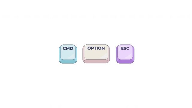 CMD Option ESC keyboard shortcut keys animation. Forced quit function to close unresponsive frozen application. Animated hotkey combo buttons click for pc, laptop. 4K video. Computer press action