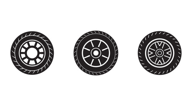 Black and white illustrations of car tires with different wheel designs  isolated on white background