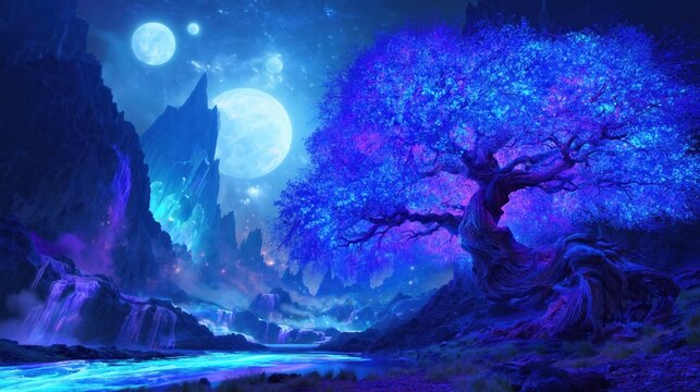 A majestic ancient tree with glowing blue and purple foliage stands beside a luminous river in a surreal mystical forest with crystalline rocks and multiple moons.