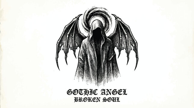 Hooded Gothic Angel with Tattered Wings and Swirling Halo.