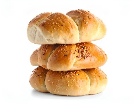 stack of traditional kaiser rolls with seeds and crusty texture isolated on white background