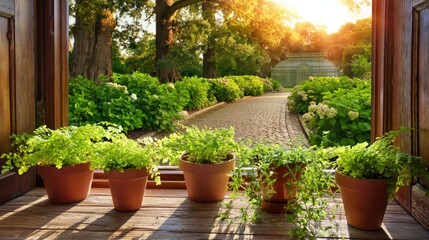 Fototapeta premium Detailed green terracotta potted plants on a rustic wooden windowsill in a sharp, breathtaking botanical garden featuring ancient oak trees, hydrangeas, and a greenhouse.