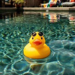 A bright yellow rubber duck wearing stylish dark-tinted sunglasses floats in a sharp, detailed backyard swimming pool with pool tiles, lounge chairs, and a beach towel.