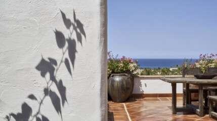 A crisp, dark grey plant shadow cast against a sharp, bright white stucco wall in a sun-drenched Mediterranean patio with terracotta tiles, bougainvillea, and a blue ocean view.