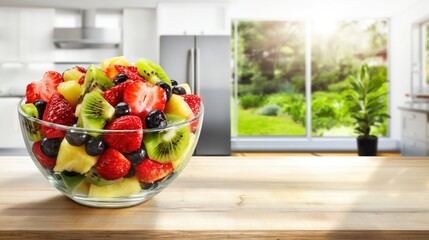 A vibrant glass bowl overflowing with a fruit salad of strawberries, kiwi, pineapple, and blueberries on a sharp, sun-drenched modern white kitchen counter.