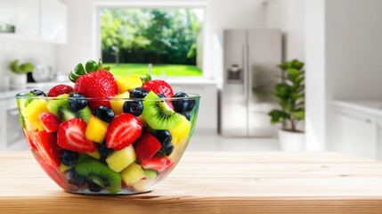 A vibrant glass bowl overflowing with a fruit salad of strawberries, kiwi, pineapple, and blueberries on a sharp, sun-drenched modern white kitchen counter.