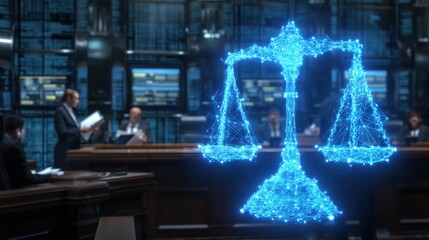 Glowing 3D holographic scales of justice made of blue data streams in a sharp, detailed cyberpunk courtroom with metallic walls, digital monitors, and lawyers in focus.