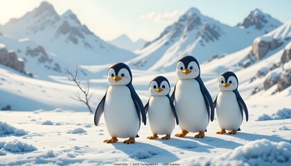 Obraz premium Group of penguins walking in snow for World Penguin Day celebration