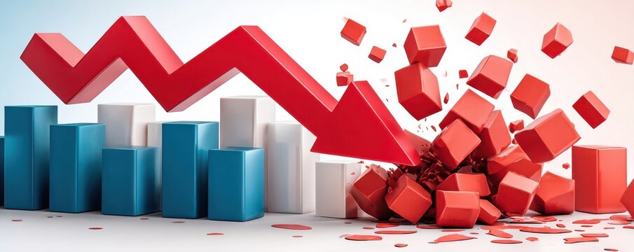 Red arrow crashing through blue bar graph showing sharp business decline and market collapse